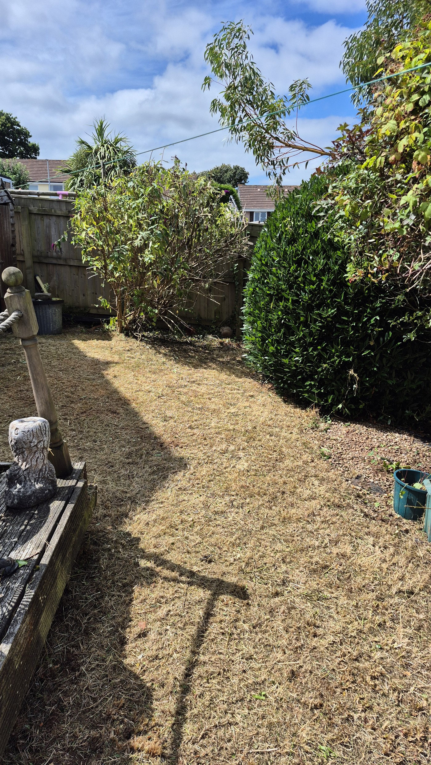 Back corner of the garden after clearance showing fence and tidy borders