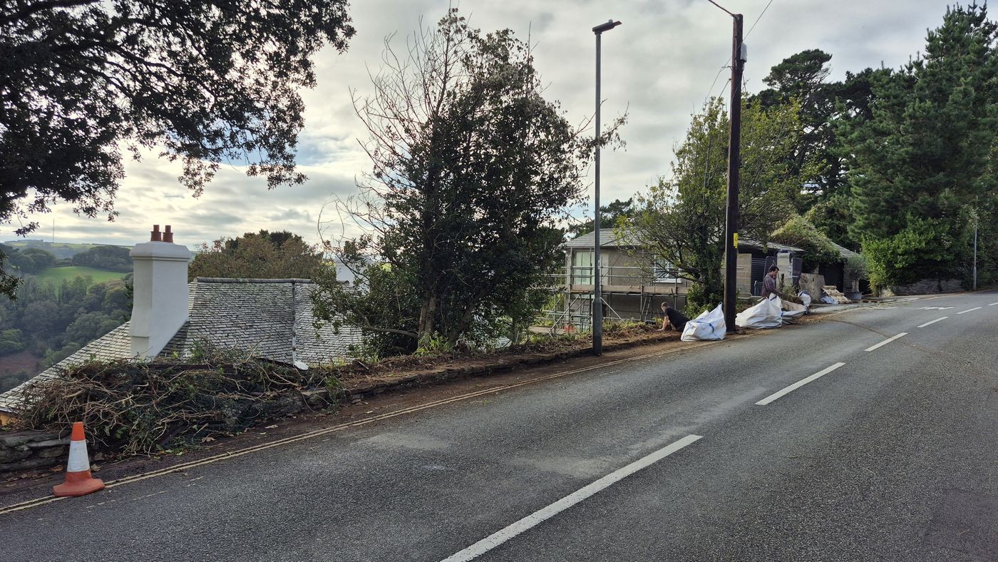 Wide view of the hedge clearance in progress along the road