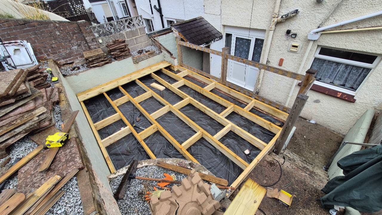 Timber deck frame with cross-bracing in place