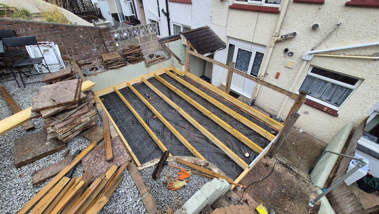 First timber joists laid out for the new deck